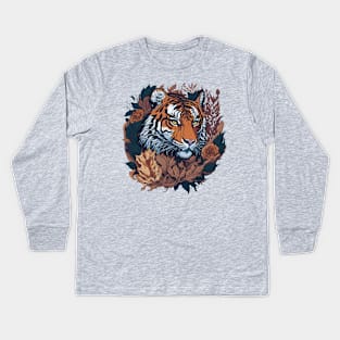 Tiger face with flowers and foliage t-shirt design, apparel, mugs, cases, wall art, stickers, water bottle T-Shirt Kids Long Sleeve T-Shirt